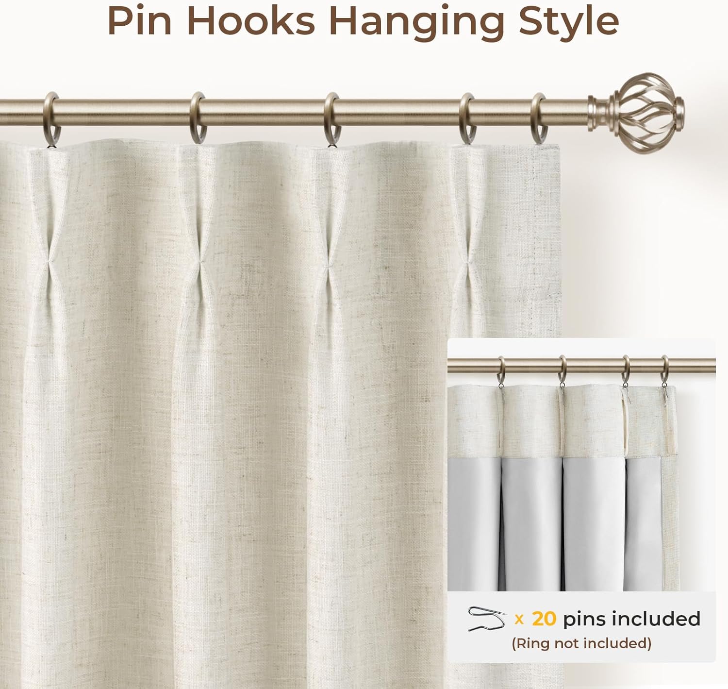 INOVADAY Pinch Pleated Curtains, 2 Panels Full Blackout Curtains, Linen Pleated Blackout Drapes For Bedroom, Thermal Black Out Pinch Pleat Drapes with Hooks