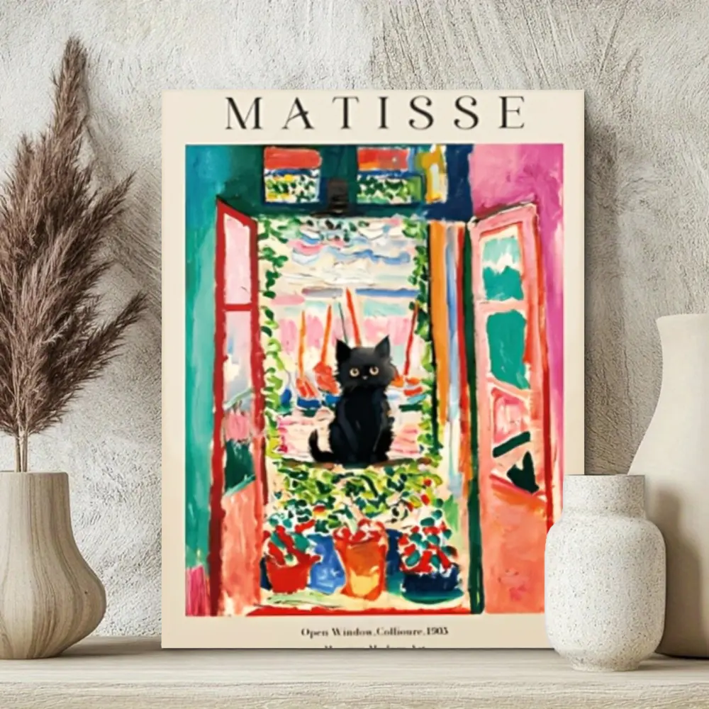Matisse-Style Black Cat Open Window Collioure 1905 Artwork Poster Print, High-Quality Lightweight Canvas Paper, Minimalist A3 Single-Pack Home Decor, Living Room Bedroom Hanging Decoration, Ideal Gifts