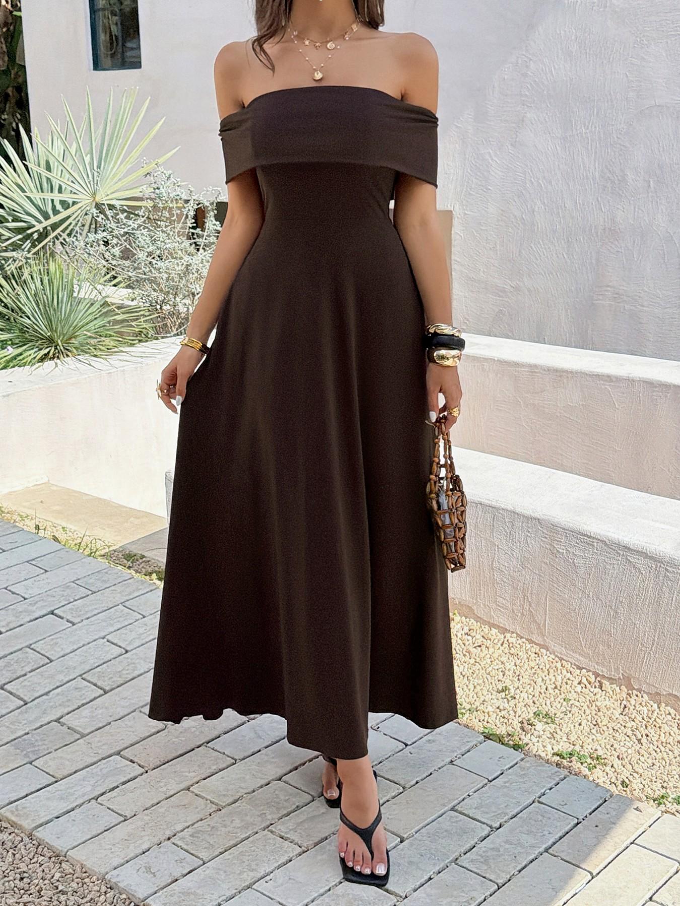 Elegant Off-Shoulder Dress with Waist Design, Simple and Classic Party Wear, Women's Stylish Evening Dress for Special Occasions