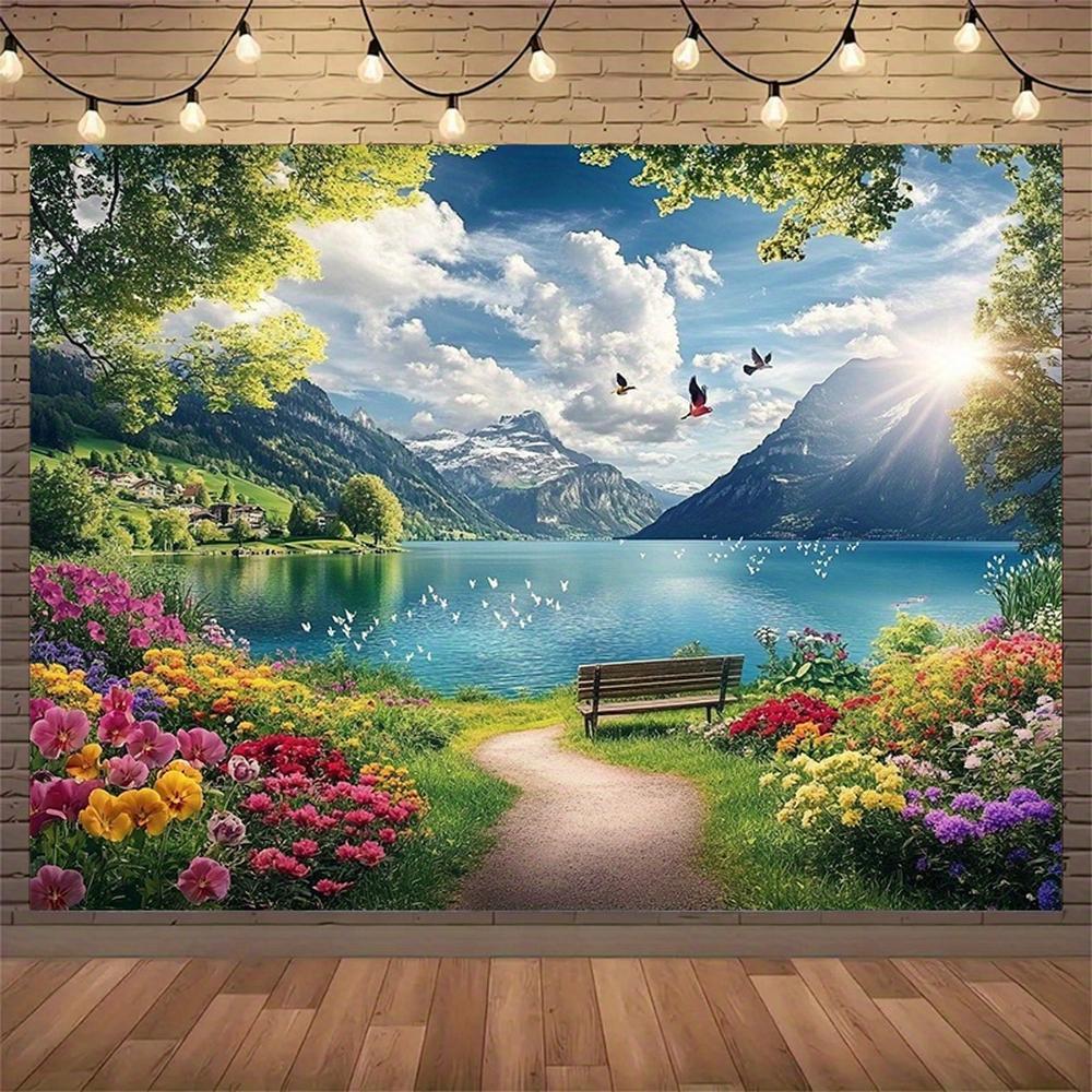 Sunrise Lakeside Floral Scene - Photography Backdrop - large Size Photographic Cloth, Outdoor and Indoor Party Banners, Perfect for Holiday Parties, Home Decor & Studio Props, Garage Door Hanging