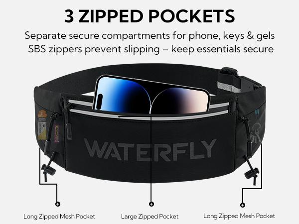 WATERFLY   Fanny Pack: Breathable 3 Pocket Waist Bag for Men Women Workout Exercise Fitness   Fits ALL  - Runner Marathon Jogging Race  With Bib Clip
