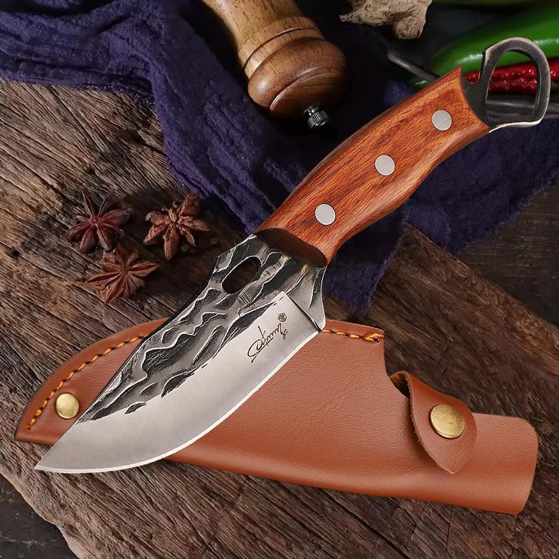 High carbon steel chef's knife, barbecue knife, vegetable knife, fixed blade, solid wood handle, with sheath, suitable for professional cutting, home, camping barbecue cooking, also a great gift.