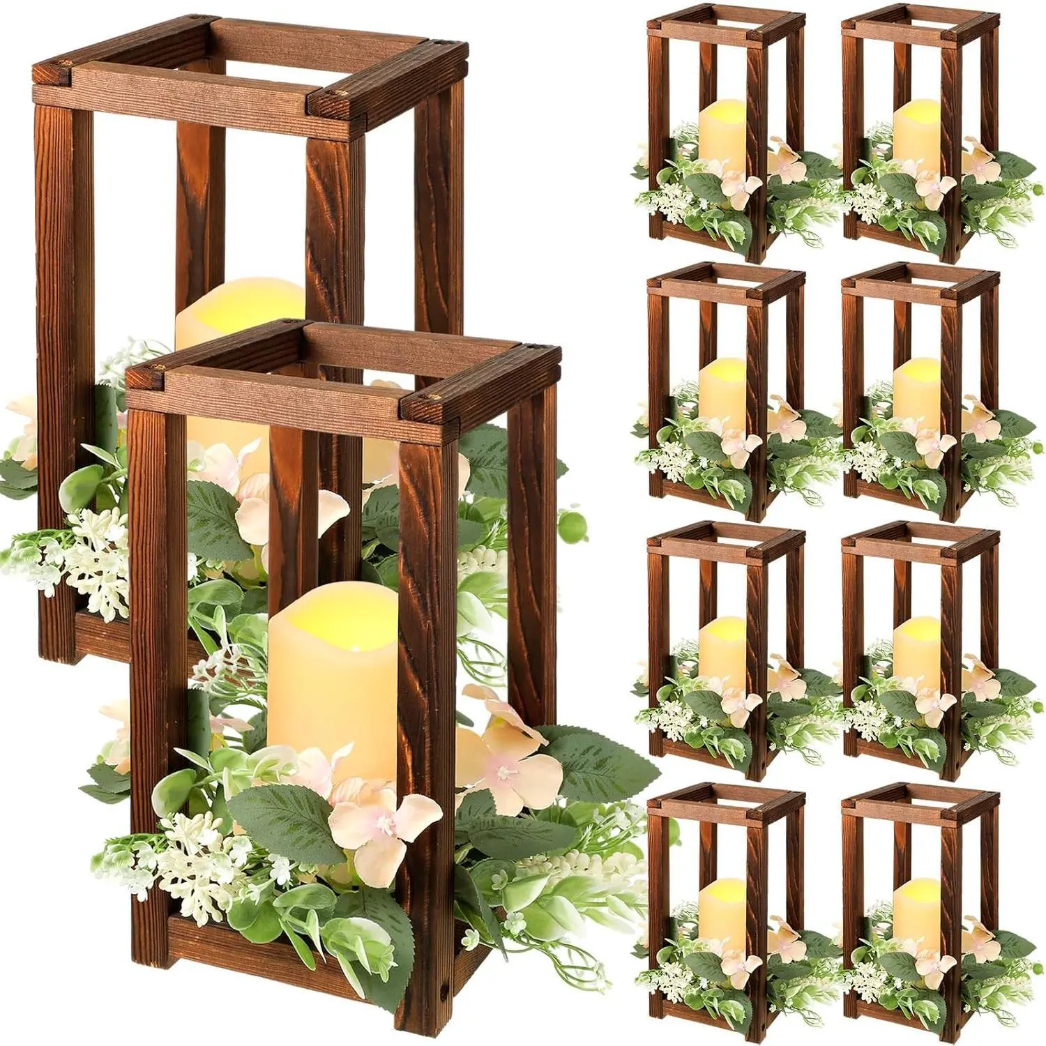 30 Pcs Wooden Wedding Lantern Centerpiece Integrated Holders with Candles and Wreaths Rustic Wooden Candle Lantern Decor for Wedding Party Table Valentine Decor (Brown)