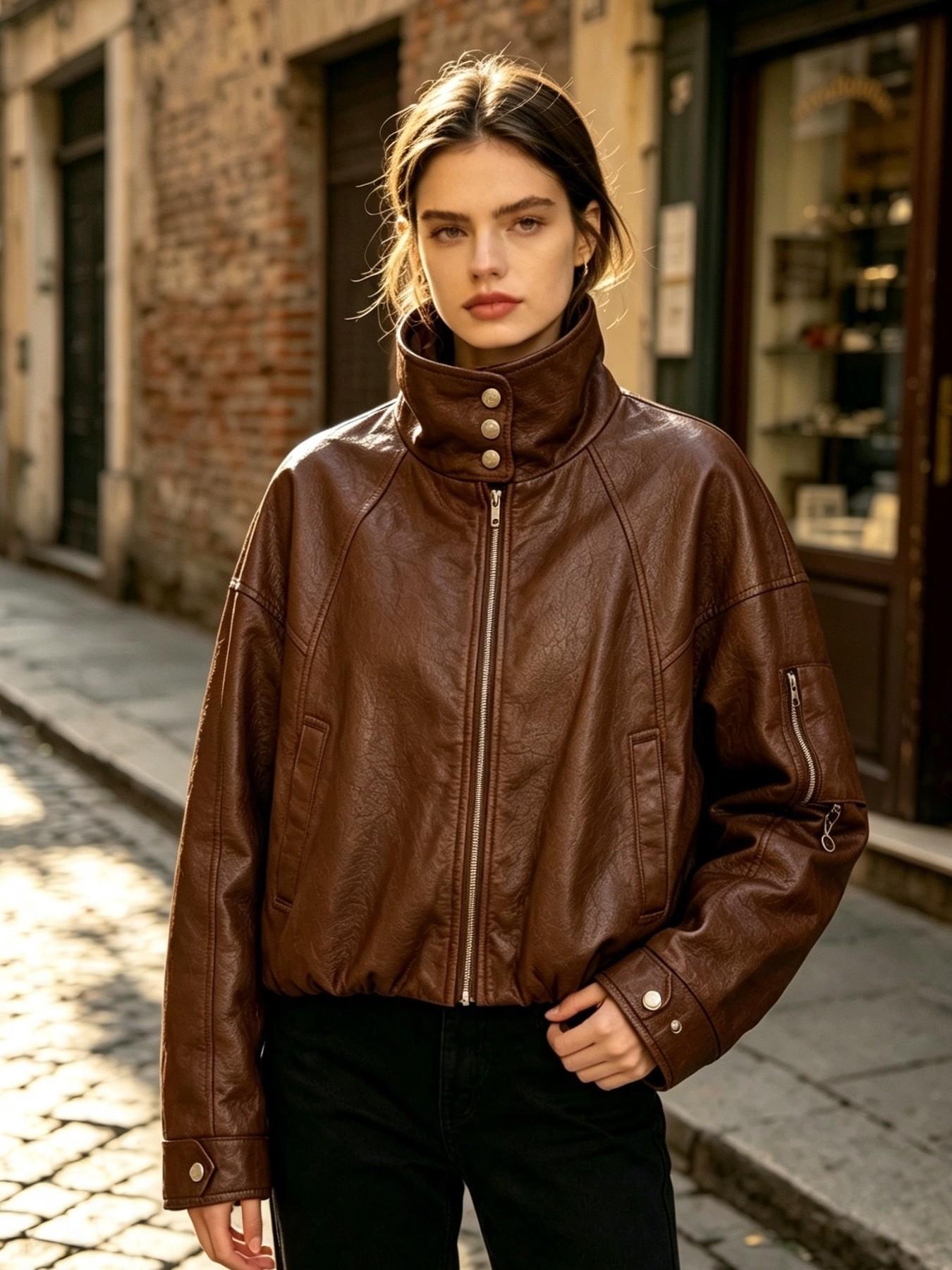 Vintage Stand Collar Zipper Short Motorcycle Jacket for Women, Street Style Loose Fit Outerwear, Casual Long Sleeve Top with Full Placket