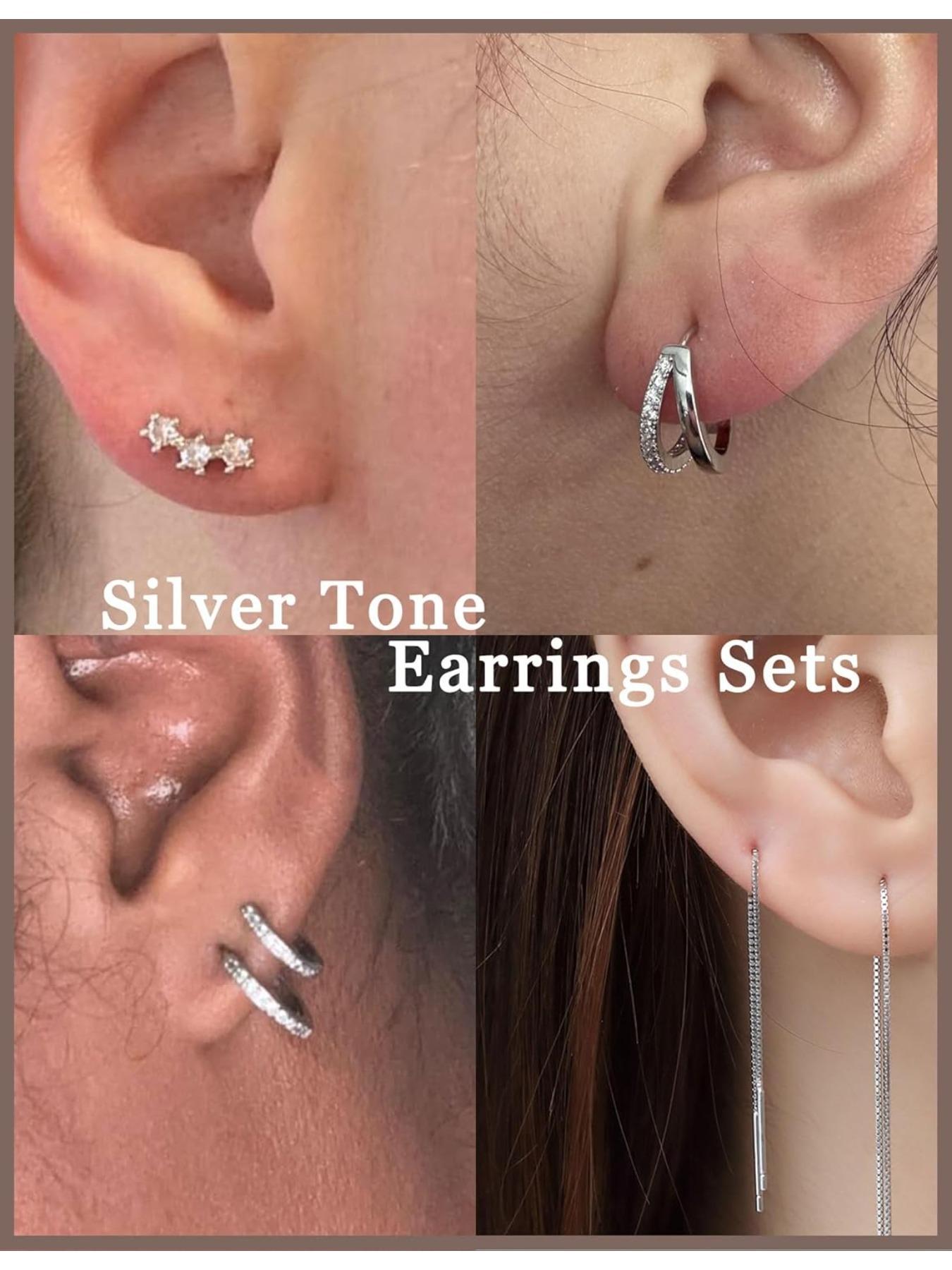 8 Pairs 18K Gold Plated Small Hoop Earring CZ Cartilage Stud Earring for Women Long Chain Drop Dangle Stack Earrings for Multiple Piercings Gold Silver Tone