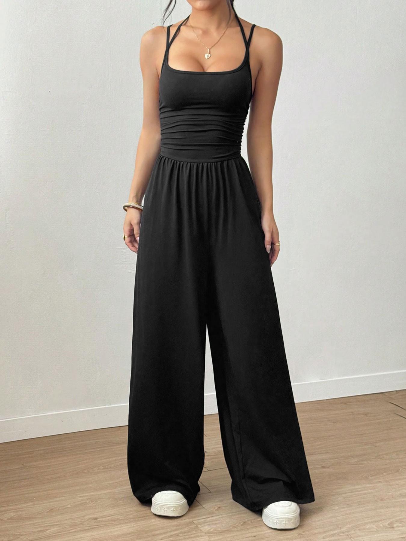 Lightweight Casual Everyday Jumpsuit, Slim Ruched Top & Wide Leg Bottom, Dual Purpose Sleepwear & Outerwear, Loose-Fitting Plain Basic Style, Minimalist, Casual Summer Jumpsuits
