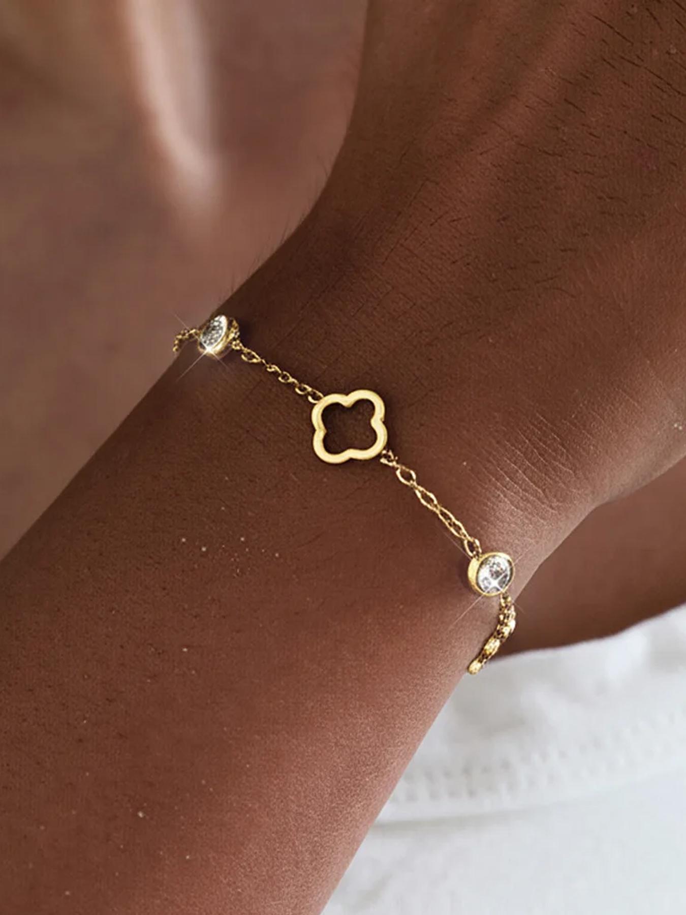 Fashion Hollow Out Lucky Clover Stainless Steel Zircon Bracelet, Simple Daily Versatile Women's Hand Chain, Elegant Ladies' Accessory, Elegant Jewelry Bracelet