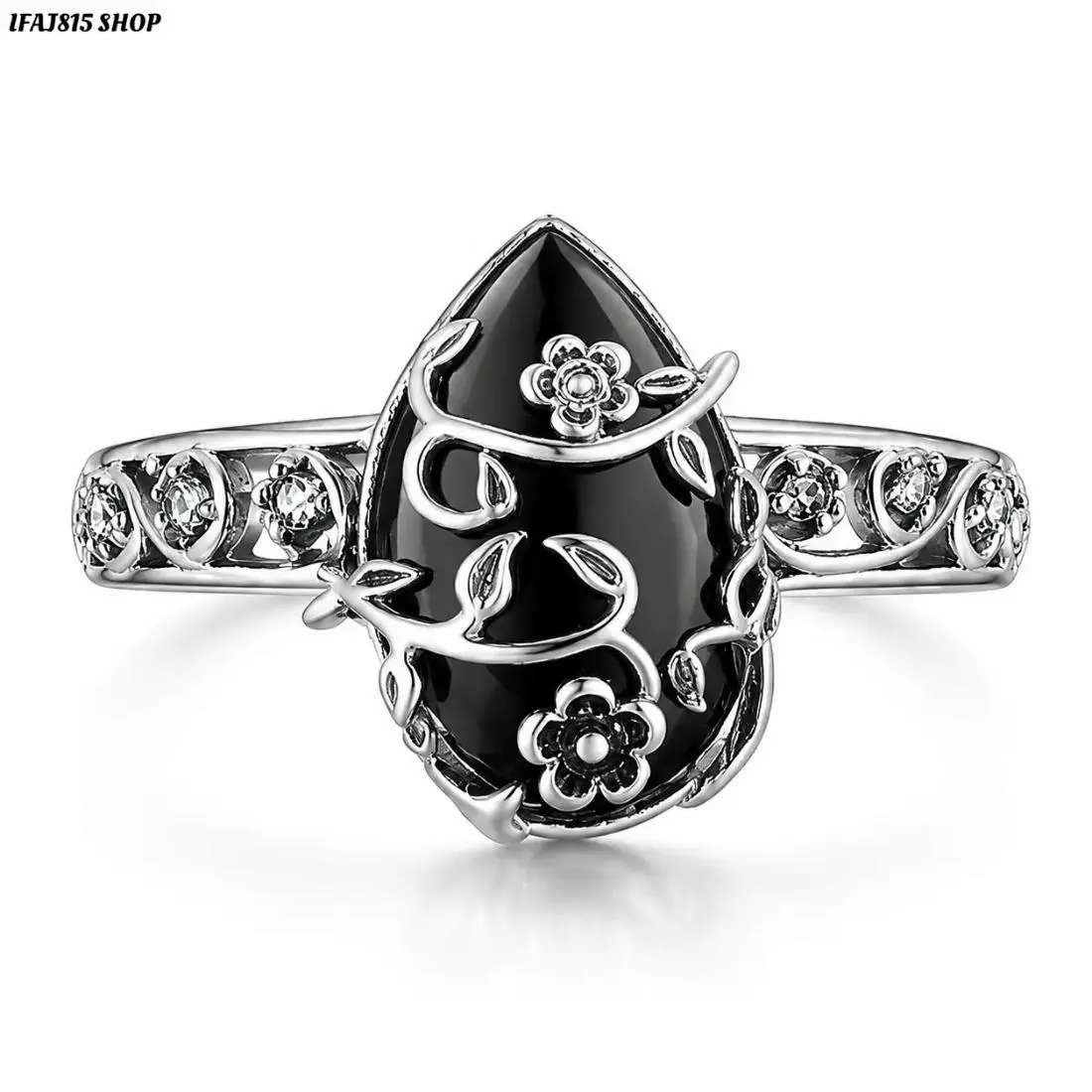 Women's Black Obsidian Statement Ring - Vintage Hollow-Out Floral Motif Gothic-Inspired Fashion Jewelry, Elegant Statement Pieces for Daily Wear & Special Occasions