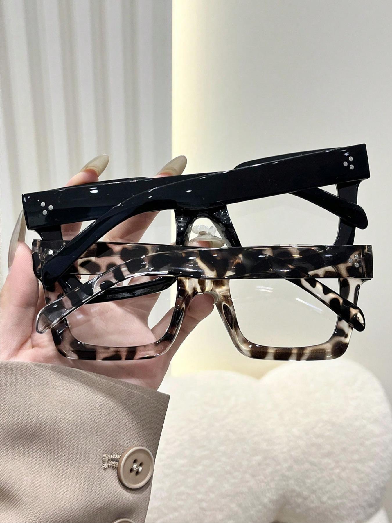 1pair Women Fashion Leopard Print Big Frame Round Optical 