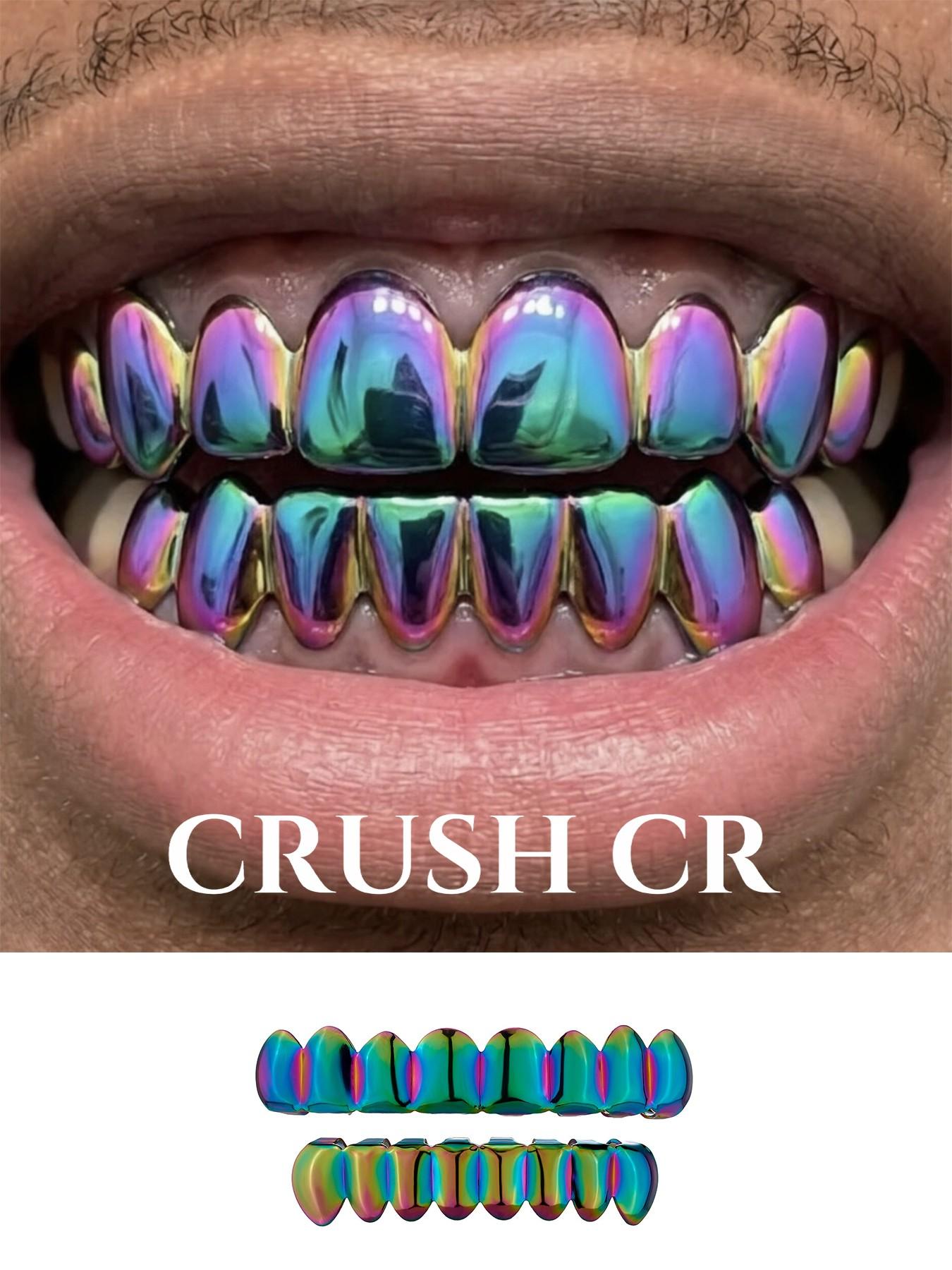 CRUSH CR Retro Cyberpunk Futuristic Iridescent Grillz Set for Men Women, High-Gloss Polished Finish, Hypoallergenic Removable, Ideal for Retro Tech-Themed Parties, 90s/00s Throwback Events, Cyber Goth Gatherings Urban Culture Festivals