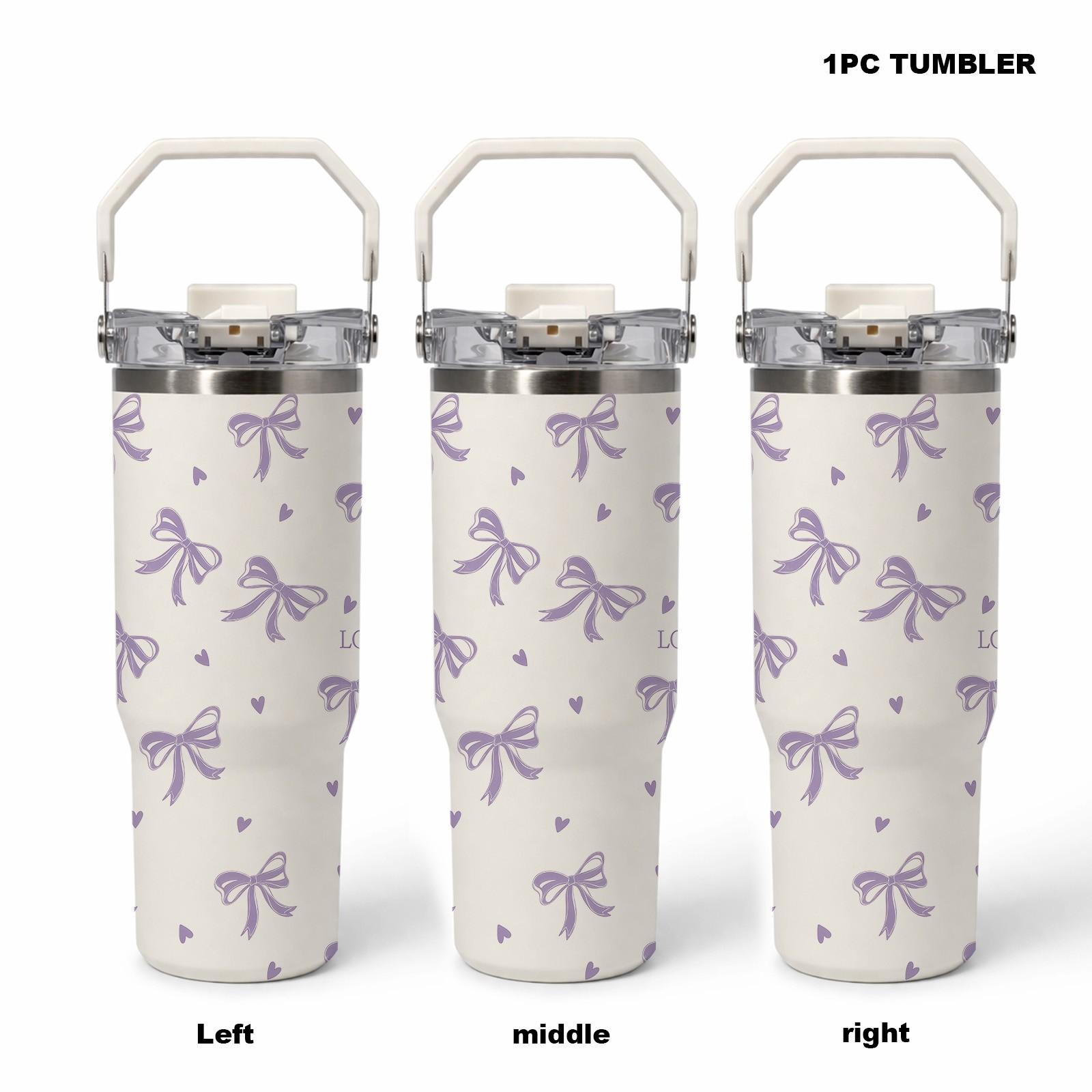 1pc 30oz Stainless Steel Tumbler with Handle, Purple Bow Print Thermal Mug with Lid And Straw, Keeps Hot 12H Cold 24H, Cute Insulated Cup for Travel, Office, Car, Unique Gift for Women