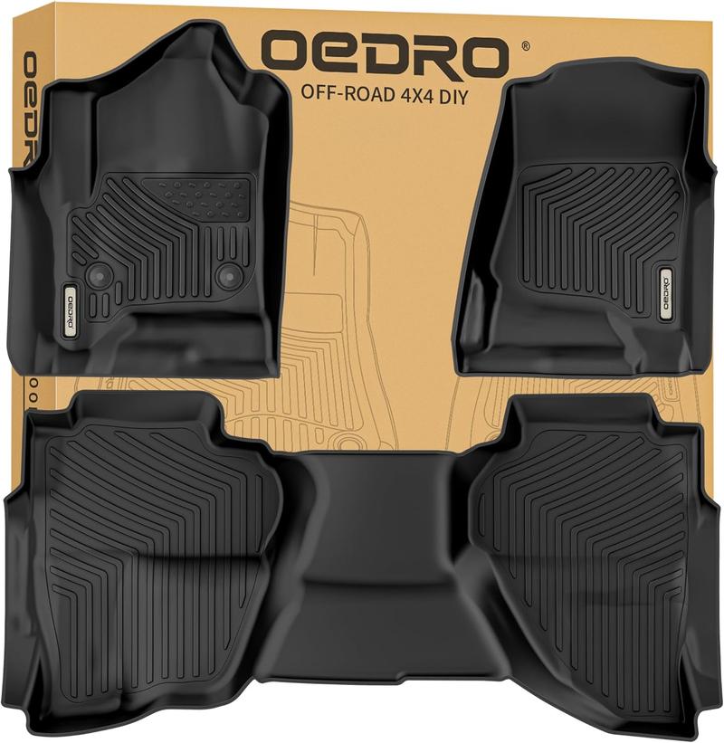 OEDRO Floor Mats Fits for 2014-2018 Chevy Sliverado/GMC Sierra 1500 Double cab & 2015-2019 Chevy Silverado/GMC Sierra 2500HD 3500HD & 2019 Silverado LD/Sierra Limited, All Weather Guard 1st and 2nd Row Custom Fit Liners