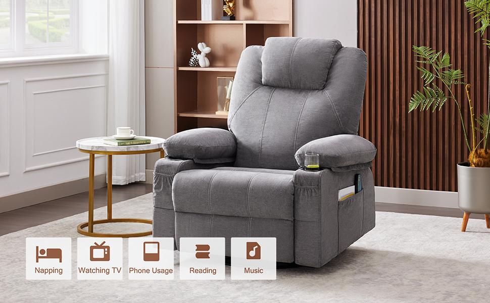 Swivel Rocker Recliner Chair with Heat and Massage, 360 Degree Swivel Rocking Single Sofa with Cup Holders and USB Port, Big Oversized Recliner Chair for Living Room Swivel Rocker Recliner Chair with Heat and Massage, 360 Degree Swivel Rocking Single Sofa with Cup Holders and USB Port, Big Oversized Recliner Chair for Living Room