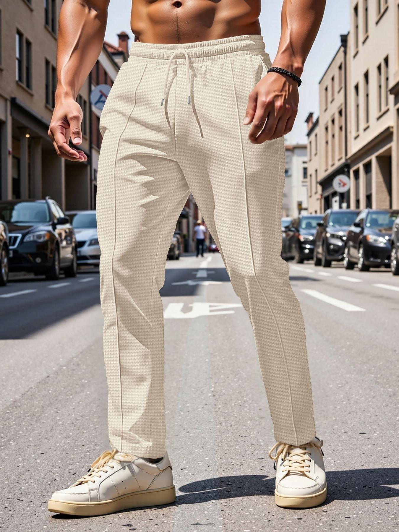 Men's Solid Drawstring Waist Pants, Regular Fit Casual Comfy Pocket Trousers for Spring & Fall, Men's Bottoms for Daily Wear, Casual Fashion Trousers