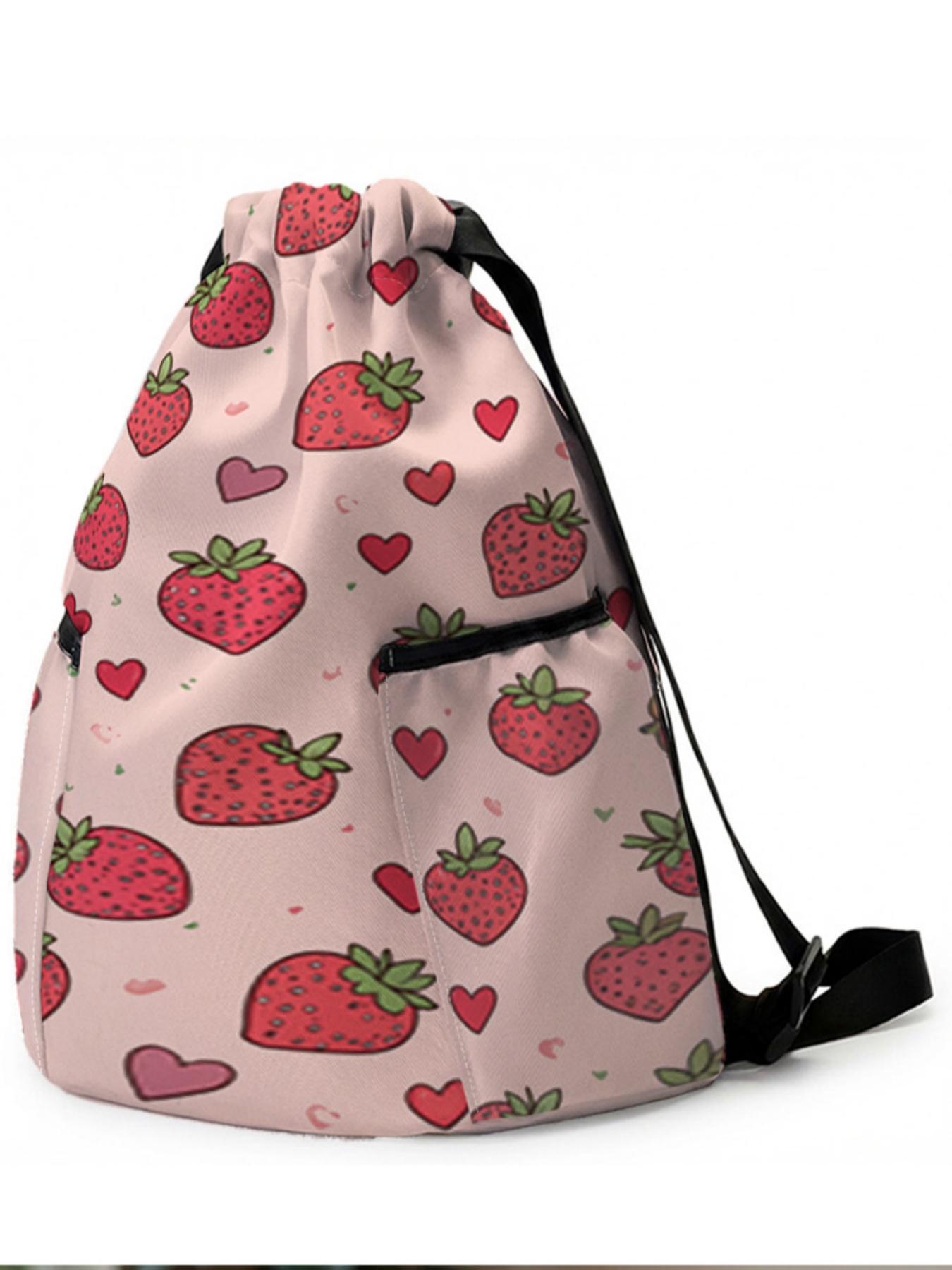 1 piece of strawberry heart pattern 2D printed drawstring backpack - large capacity durable fitness bag, with adjustable shoulder straps, suitable for both men and women, essential for travel, hiking, camping
