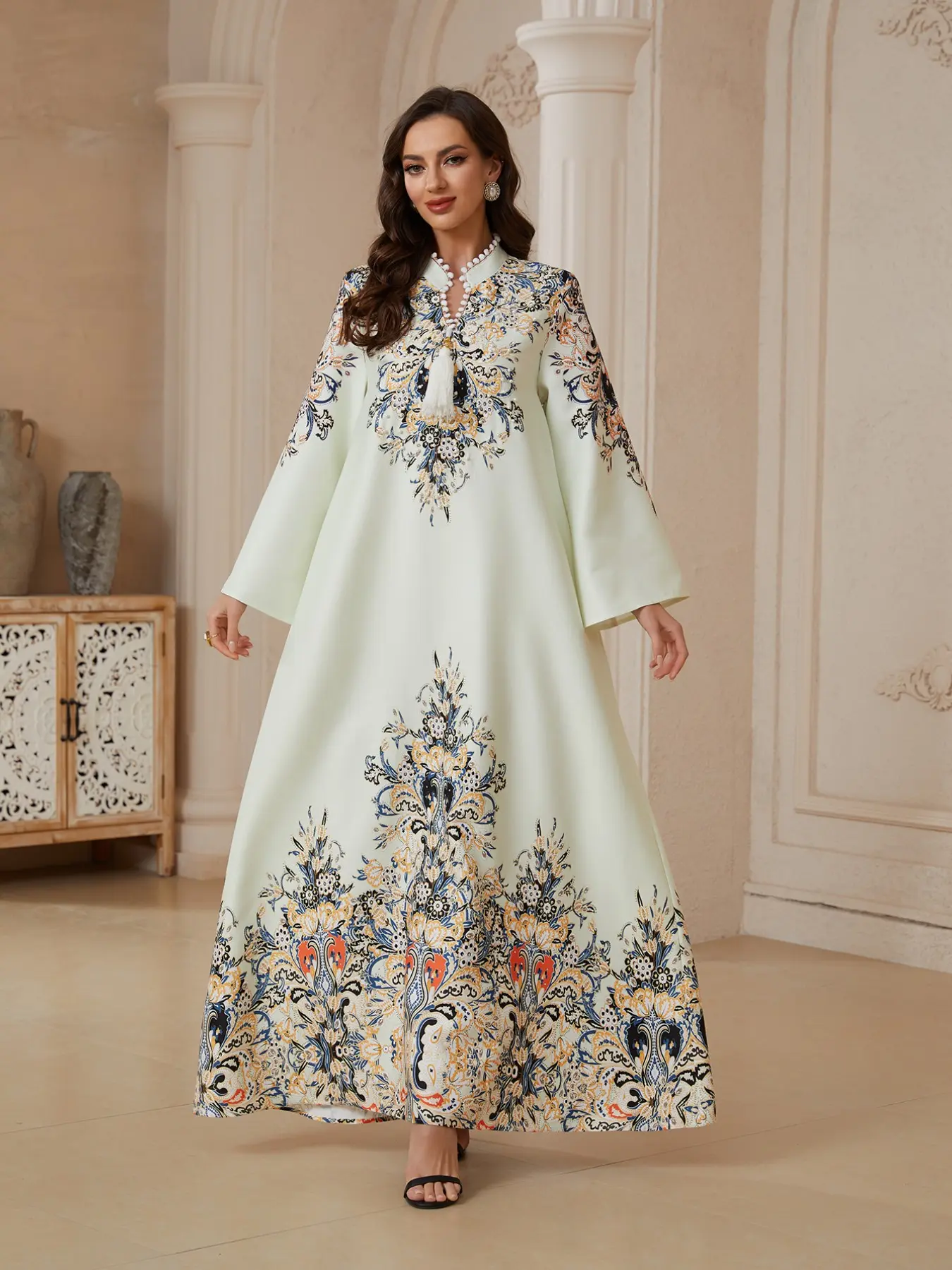 arabian casual dress Women's V Neck Long Sleeve Long Dress, Womenswear All-Season Wear Loose Fit A-Line Print Jalabiya, Soft 75D Stretch Fabric, Chic Elegant Arabic Clothing, Casual Elegant Dresses Colour:White and Blue tab_group::Solid eid casual arabic dress female Lace David's Bridal Bridesmaid Item Specifics