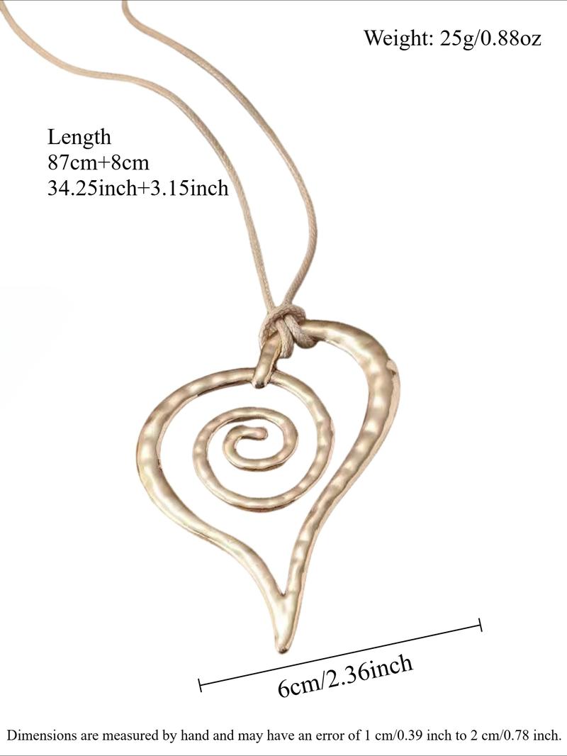 Bohemian Style Exaggerated Metal Spiral Heart Pendant Long Necklace, Vintage Unique Fit Women Sweater Chain Necklace