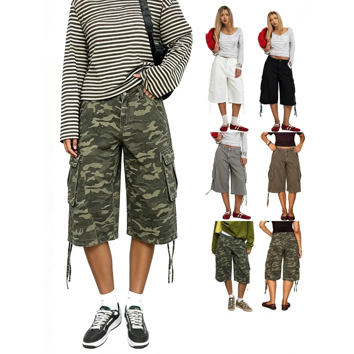 American Retro Pocket Pleated Design Camouflage Tooling Shorts Loose and Thin Wide-leg Seven-point Jeans Women