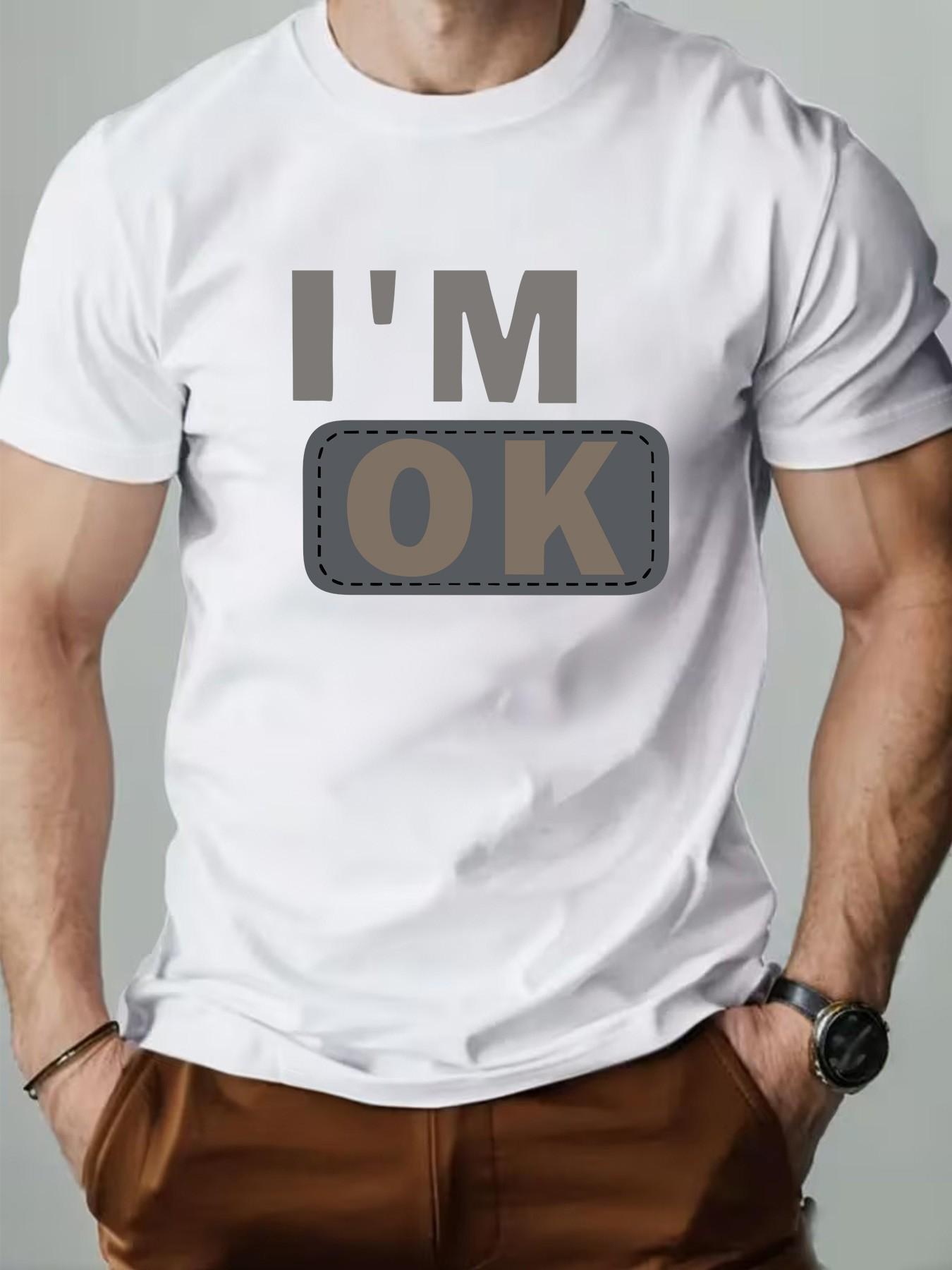 Men's Round Neck T-Shirt, Fashion I'm Ok Patch Design, Geometric Print, Retro Style, Long Sleeve, Casual Wear, Perfect Gift