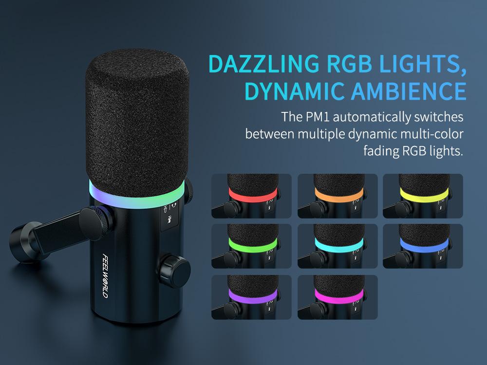 FEELWORLD PM1 XLR USB Dynamic Microphone with Boom Arm Stand for Podcast Recording PC Computer Gaming Live Streaming Vocal Voice-Over, Studio Metal Mic, RGB Light, Mute Button, Headphones Jack