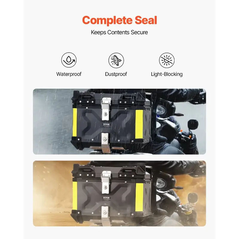 VEVOR Universal Fit Aluminum Alloy Motorcycle Top Case, 45L Waterproof Lockable Tail Storage Box with Leather Lining, Detachable Back Cushion, Compatible with 99% of Motorcycle Frames