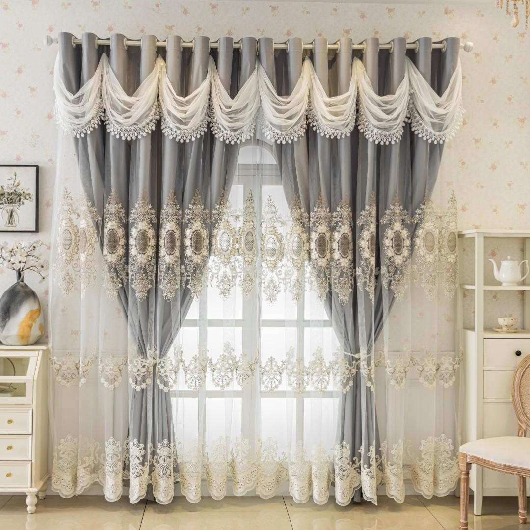 1pc European Luxury Gold Embroidered Double Layer Drapes, Sunscreen Insulation, High-End Living Room Master Bedroom Floor-To-Ceiling Curtains