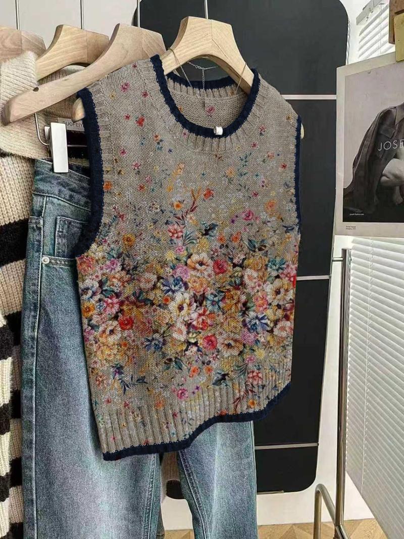 Women's Elegant Loose-Fitting Round Neck Sleeveless Knit Top, Floral Print Color-Blocked Edging, Fall & Winter
