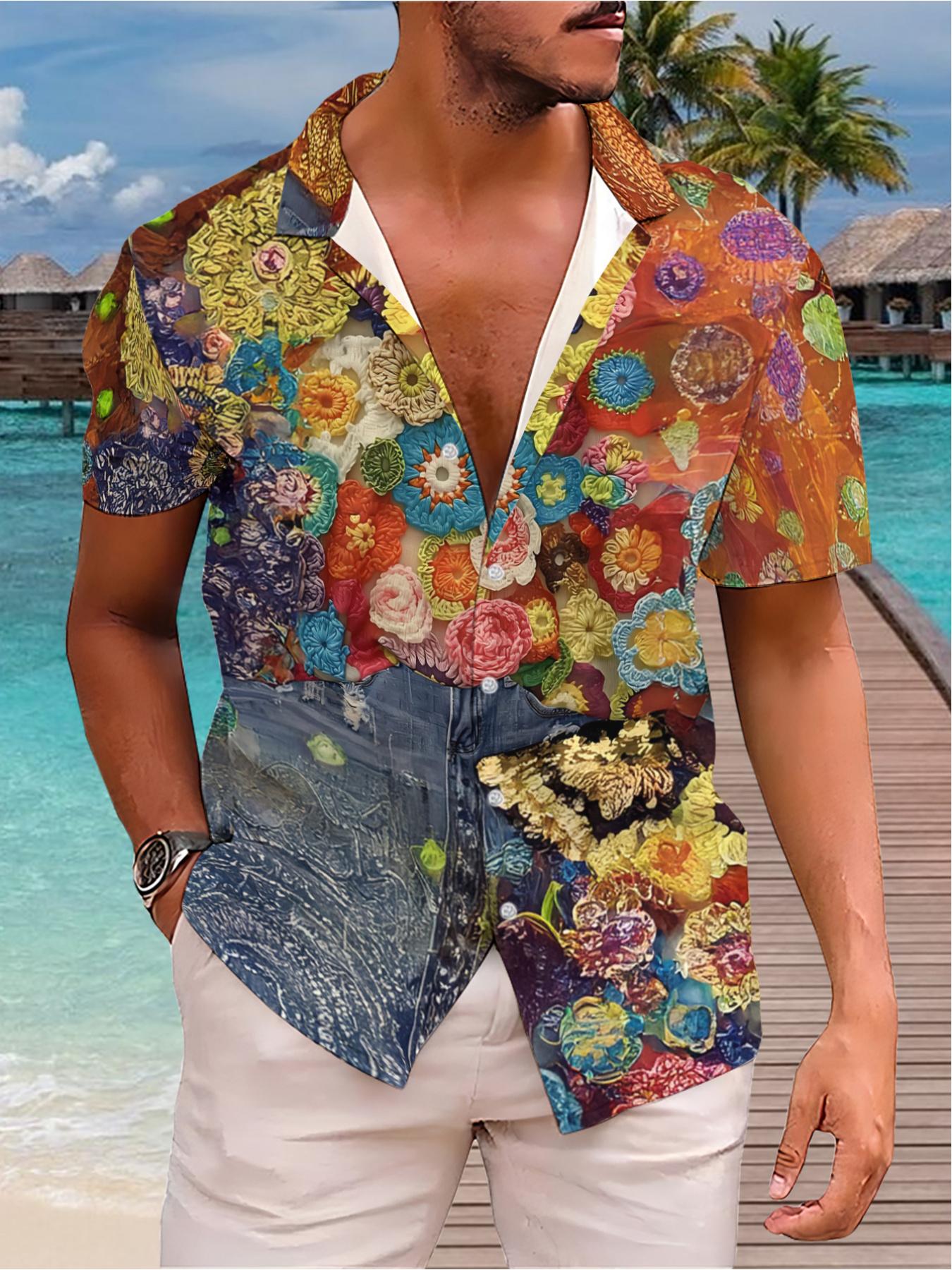 Men's Hawaiian Shirt - Flat Digital Print Pattern - No Texture - Colorful Crocheted Floral Denim Patchwork, Fashionable and Simple Short Sleeves, Buttoned, Casual Collar Shirt, Stylish and Versatile, Suitable for Dates, Beach Vacations, a Perfect Gift for