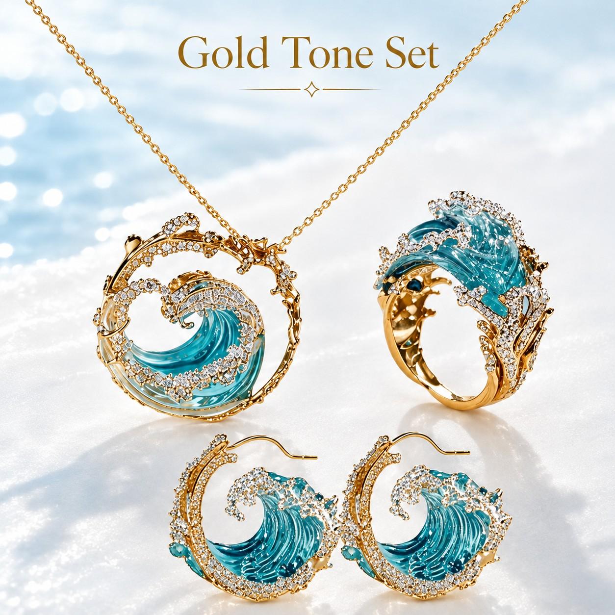 Women's 3-Piece Ocean Wave Coordinated Costume Jewelry Set - Gold or Silver Tone Necklace, Ring, Earrings - Translucent Beach Themed Female Wear Gift for Fashion Enthusiasts, Coordinated Set