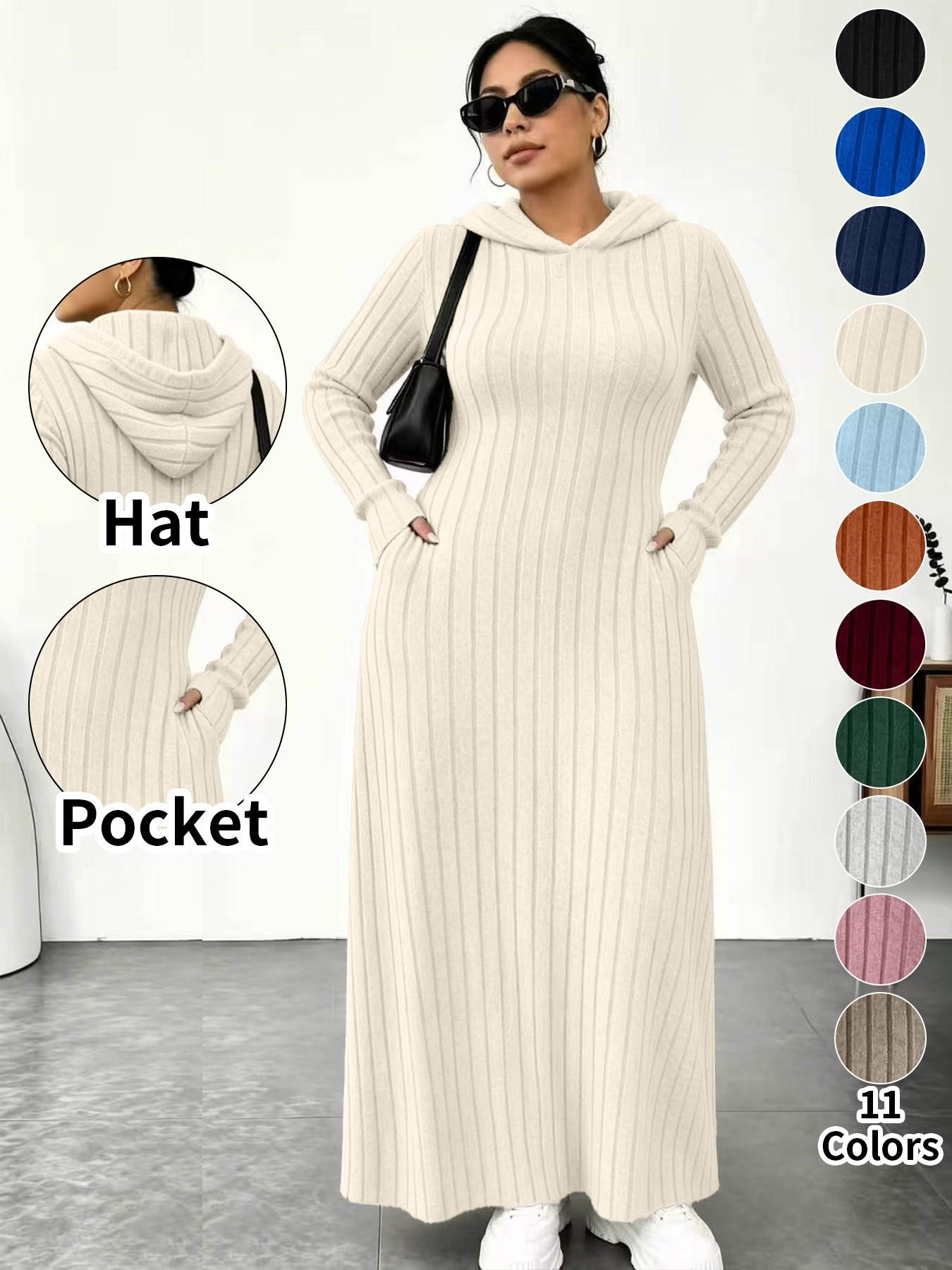 Plus Size Women's Long Knit Dress, 11 Colors Available, Slim Fit with Pockets, Micro Plus Size Slimming Hooded Top, Long Sleeve Base Layer