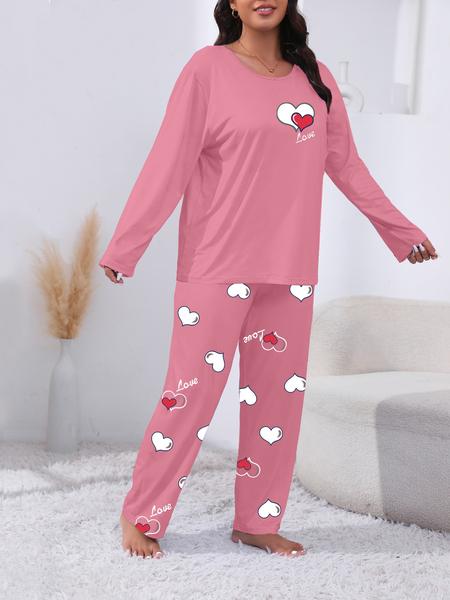 Plus Size Heart Letter Print Comfortable 2-Piece Set, Casual Long Sleeve Pajama Pants Suit, All Seasons Fitted Knit Fabric Loungewear Plus Size Heart Letter Print Comfortable 2-Piece Set, Casual Long Sleeve Pajama Pants Suit, All Seasons Fitted Knit Fabric Loungewear