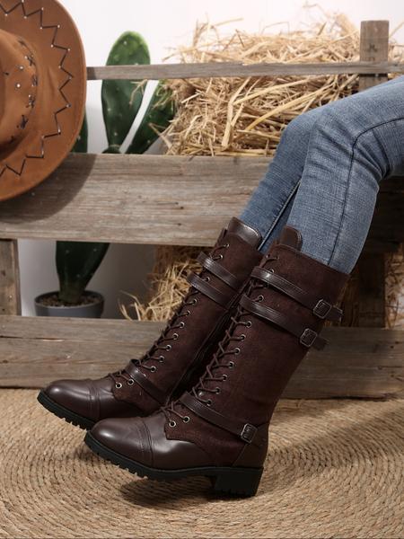 Women's Long Motorcycle Boots, Western Style Round Toe Thick Sole, Durable Comfortable Design, Perfect for Casual Wear