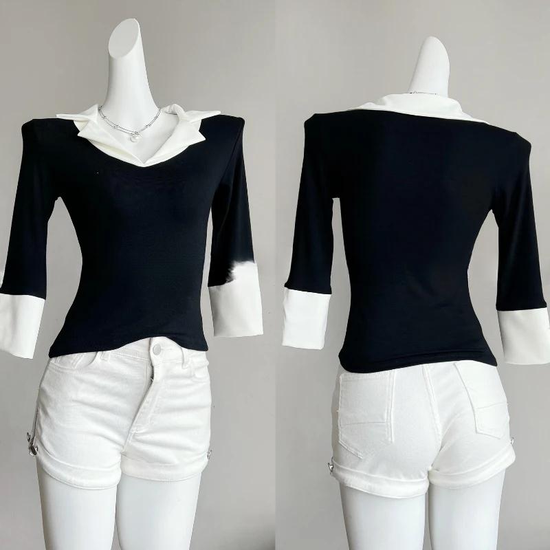 Korean Chic Design Fake Two Pieces Long Sleeves Shirt Women Spring 2025 New Elegant All Match Slim Fit Base Tops Office Clothes