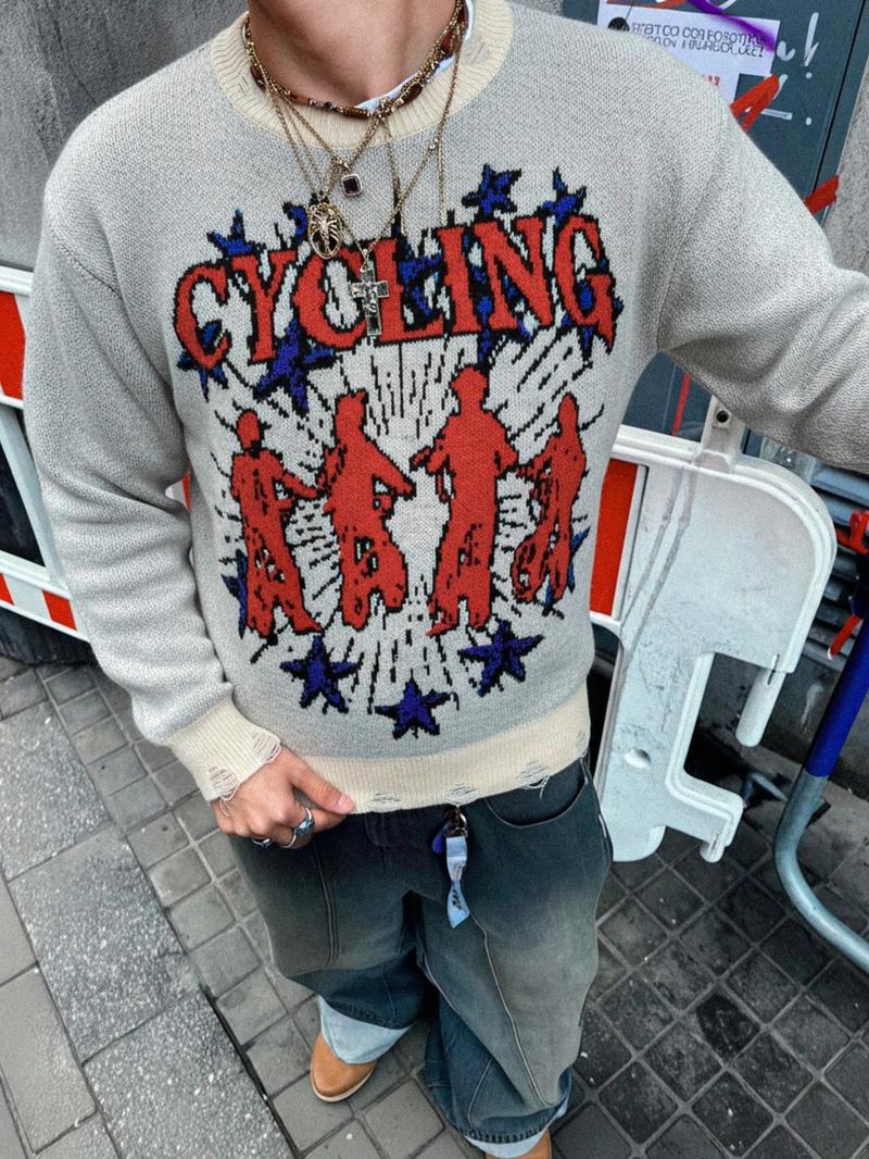 Men's New Casual Loose Fit Knit Sweater, Vintage Commuter Design, High Street Style, Long Sleeve Round Neck Pullover, Knit Tops