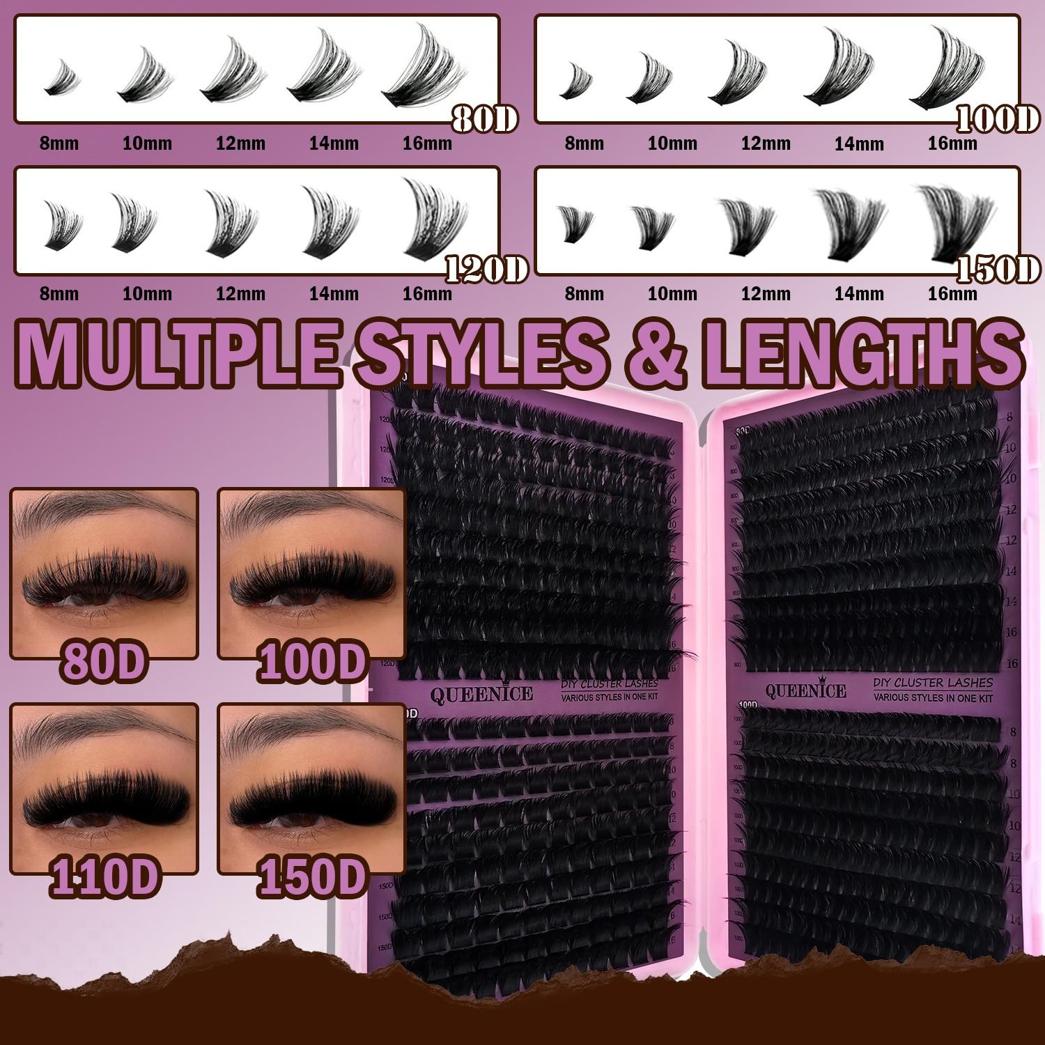 Thick Cluster Lash Extension Kit 80D/110D/150D D Curl 8-16mm Natural Fluffy Wispy Lashes Easy to Apply Sunflower Eye Makeup for Beginners Dramatic Look