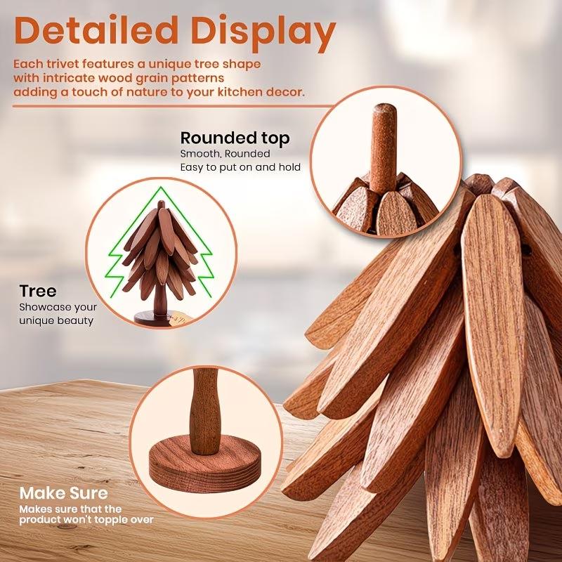Tree-Shaped Wooden Heat Insulating Pad Set, 4 Walnut Pads + 1 Stand, Foldable Design, High-Temperature Kitchen Mat, Ideal for Hot Dishes, Pots, Bowls, Teapots