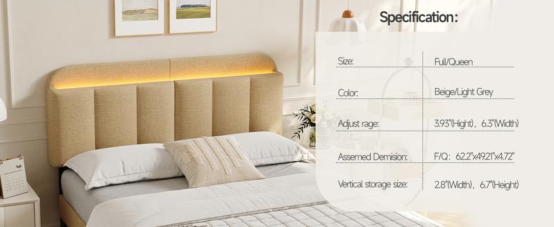【Valentine's Day Gift】ONBRILL Adjustable Headboard for Full/Queen Size Bed Frame, Linen Fabric Bed Headboard with Storage & RGB LED Light in Modern Vertical Channel Design