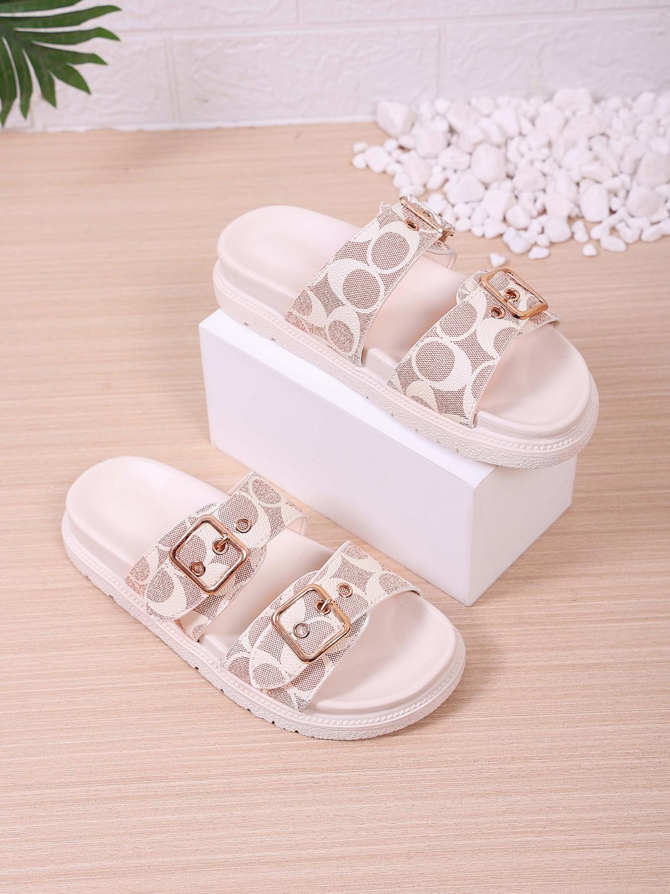 European Style Thick Sole Buckle Sandals for Women, Versatile Plain PU Leather Summer Beach Shoes, Casual Open-Toe Flip Flops