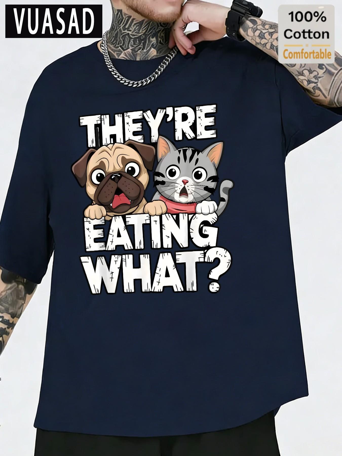 Men's Casual Cotton Short Sleeve T-Shirt, Pet Cat Dog Slogan Print, Loose Fit, Street Style, Half Sleeve Top, Trendy Fashion