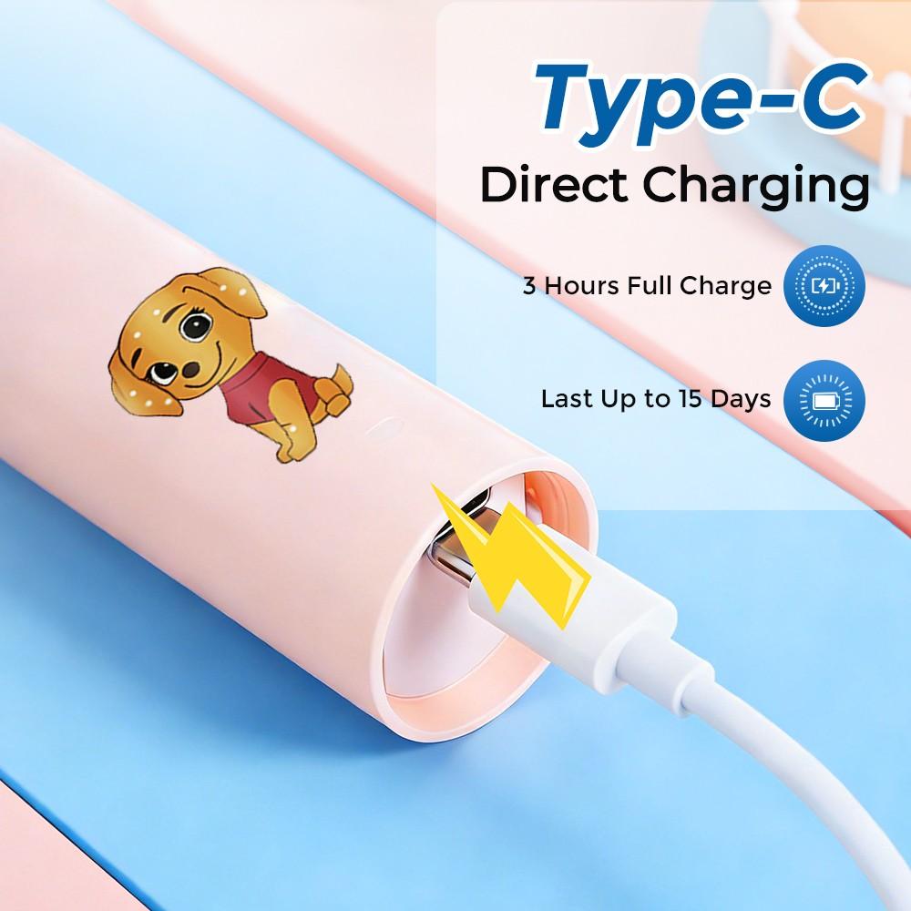 Rotating Childrens Electric Toothbrush, Rechargeable Toothbrush, 5 Speed Settings, Cartoon Kids Teeth Cleaning Brush with 4 Replacement Heads