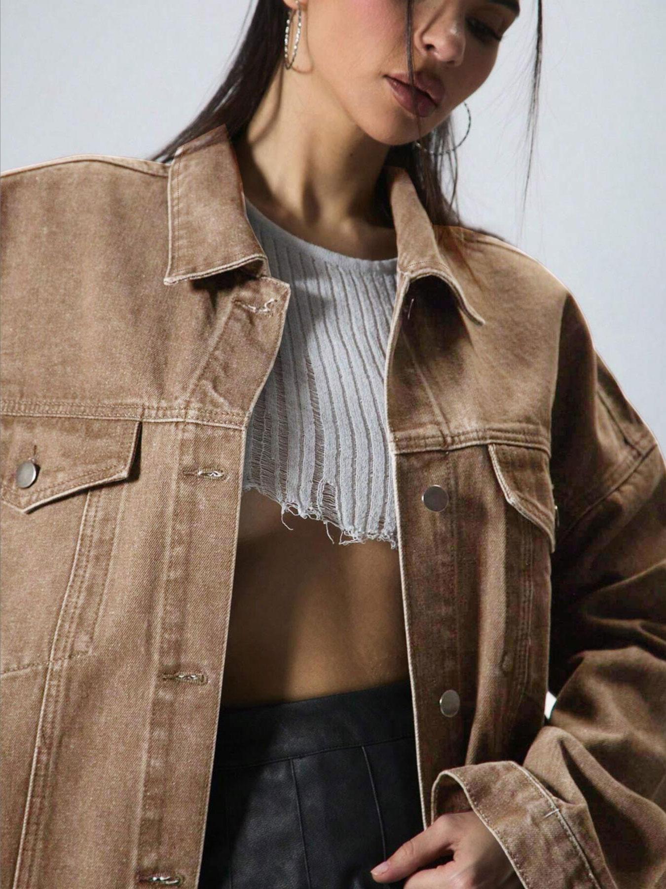 Women's Plain Button Front Drop Shoulder Denim Coat, Casual Long Sleeve Collared Pocket Outerwear for Daily Wear, Ladies Clothes for All Seasons, Clothing for Women