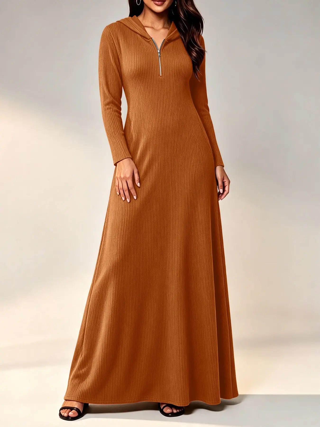 Women's Elegant A-Line Long Dress, Solid Color Knitwear with Half-Zipper and Hood, Casual Style Full-Length Skirt