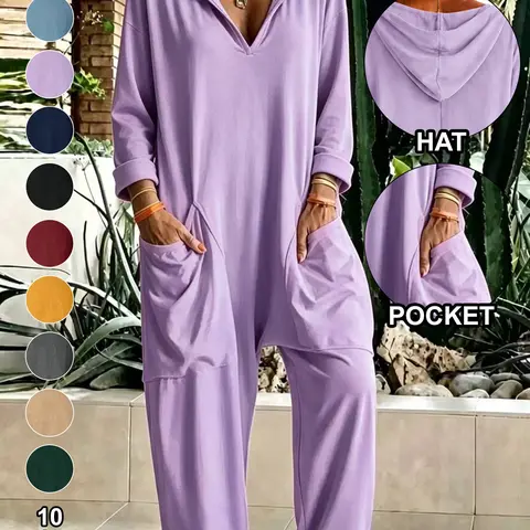 Plus Size Women's Hooded Romper with Pockets, Solid Long Sleeve Loose Fit Wide Leg One-Piece, Comfortable Casual Daily Home Wear