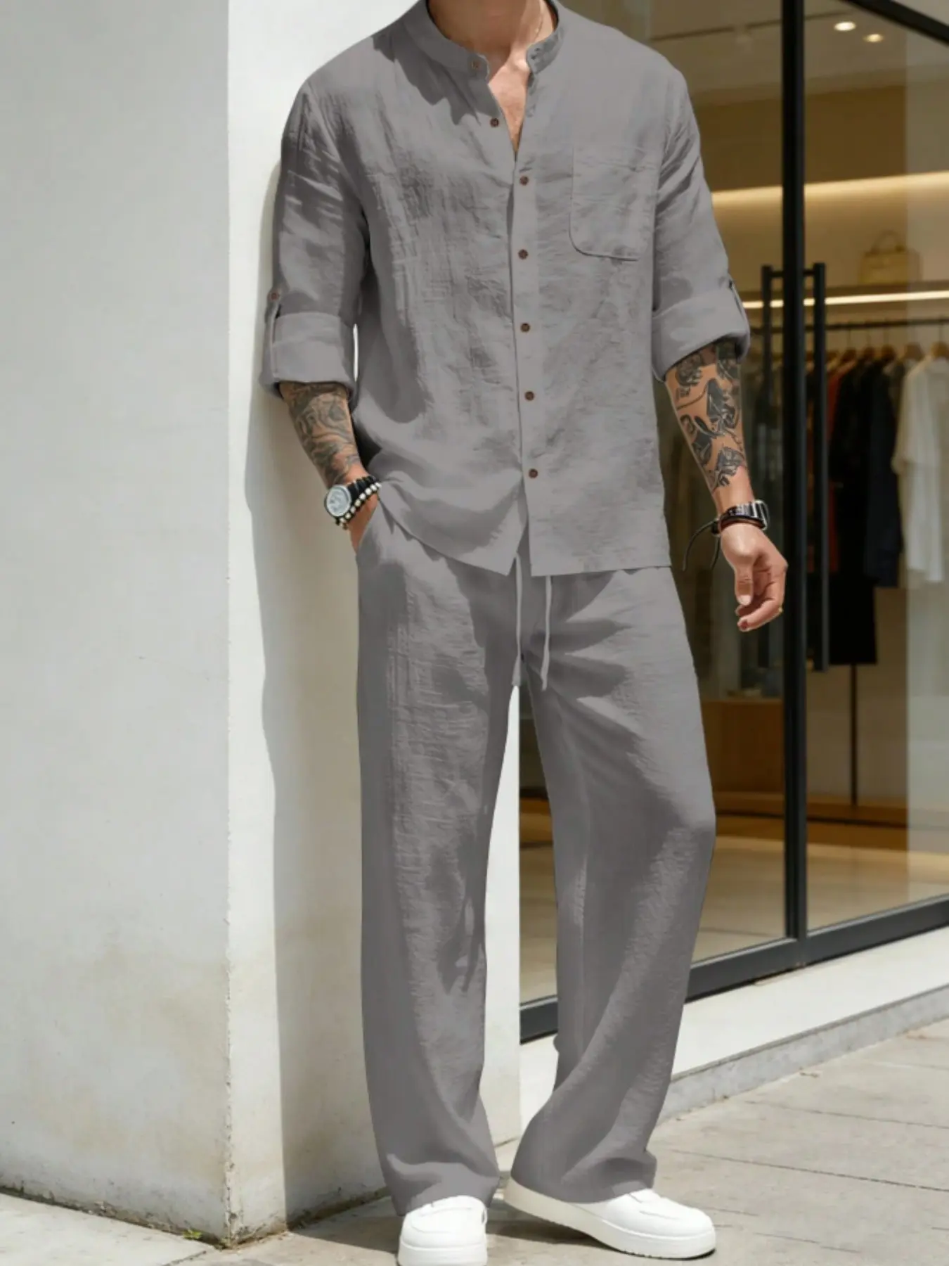 Men's Stand Collar Linen Two-Piece Set, Roll-Up Sleeve Shirt + Drawstring Wide Leg Pants, Breathable Casual Vacation