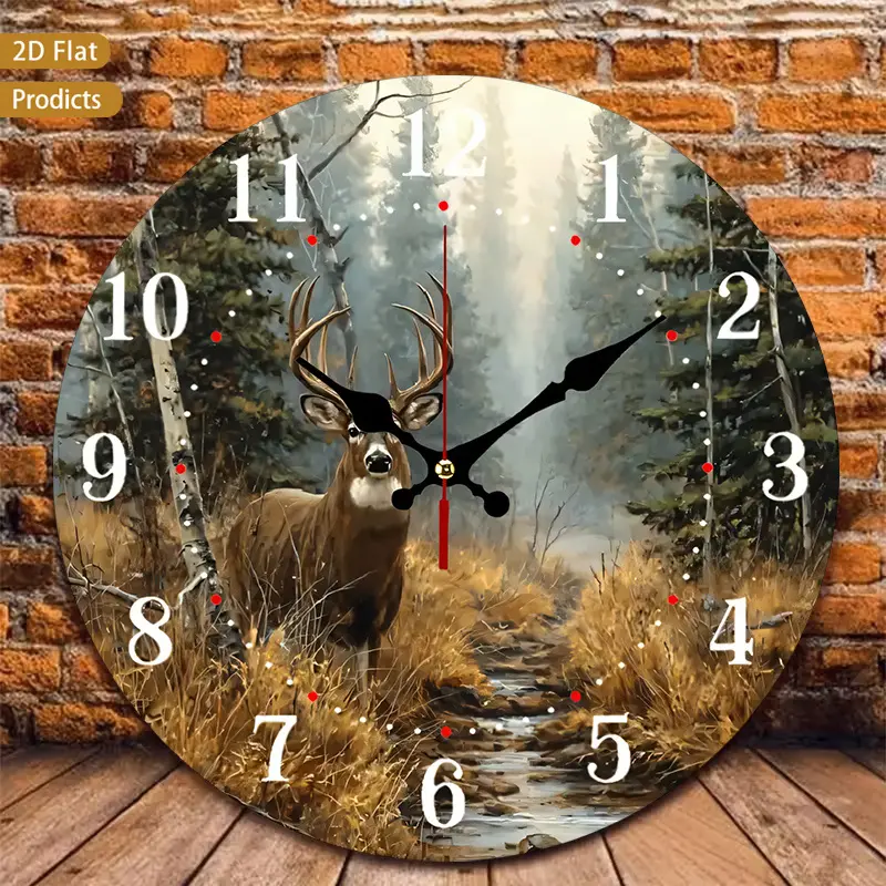 12inch Round wall clock, designed in a rustic farmhouse style, featuring a deer in the forest pattern, perfect for a baby room. It is silent and chimes continuously, suitable for the kitchen, bedroom, office, and living room. Requires one AA battery
