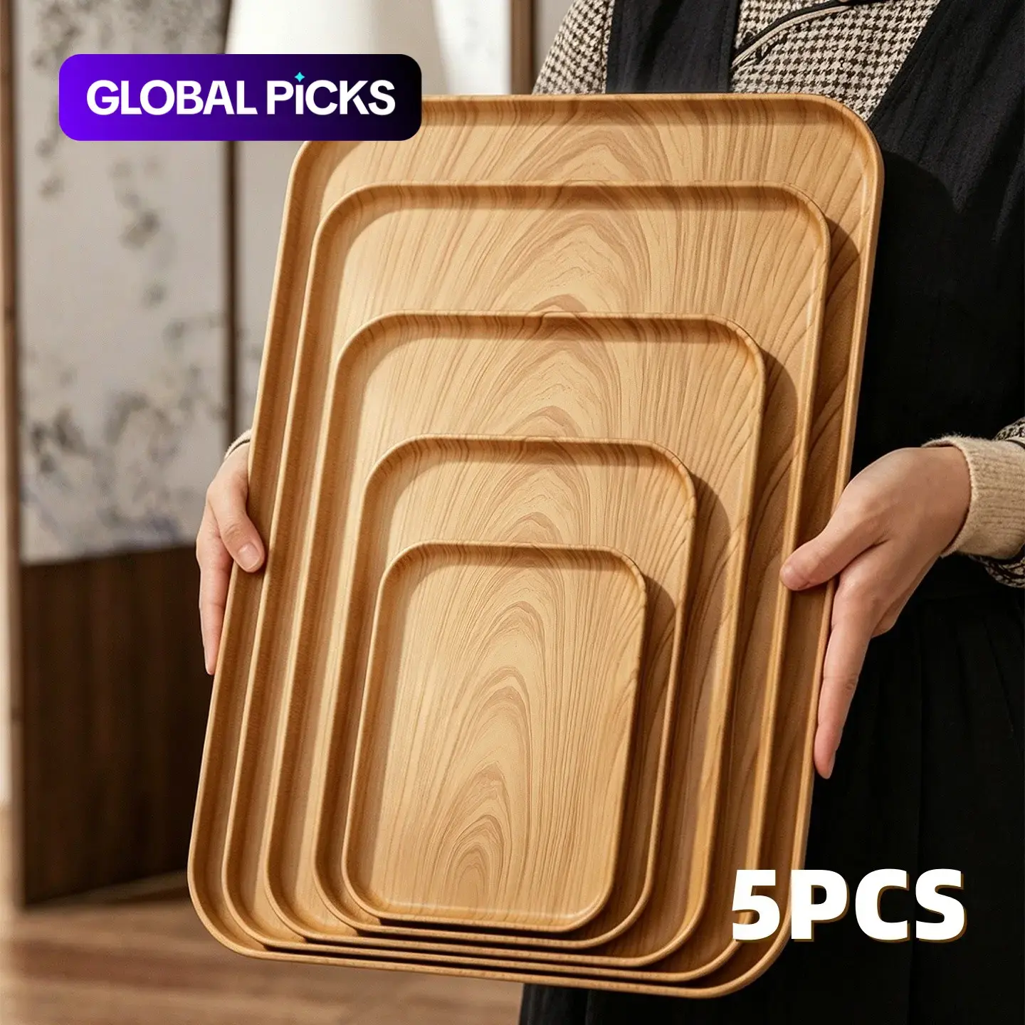 5-Piece Food-Grade Tea Cup Tray Set, Rectangular Coffee Serving Tray, Wood Grain Dessert Tray, Decorative Fruit Tray, Breakfast Food Tray, Multi-Functional Snack Tray Home Table Setting, Tableware