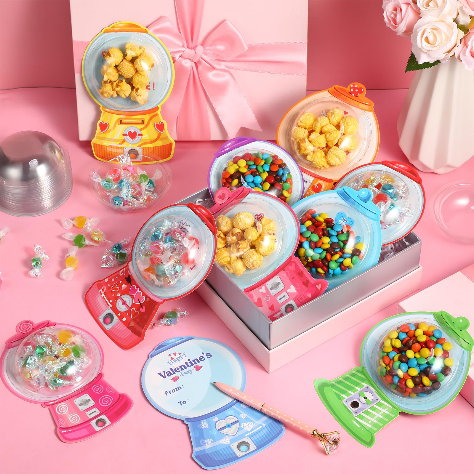 36/100 Pcs Valentine's Candy Cards Kids Gifts Set with Plastic Domes DIY Craft Treat Holder Bulk Class Valentines Candy Exchange Gifts for Couples Families School Party Classroom Gifts