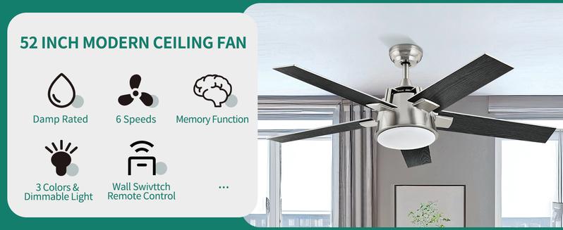 Yitahome 52'' Ceiling Fan with Light and Wall Switch Remote, Dimmable LED 3-Color Chandelier Lamp with Quiet Reversible Motor, for Bedroom, Living Room, Indoor, Outdoor