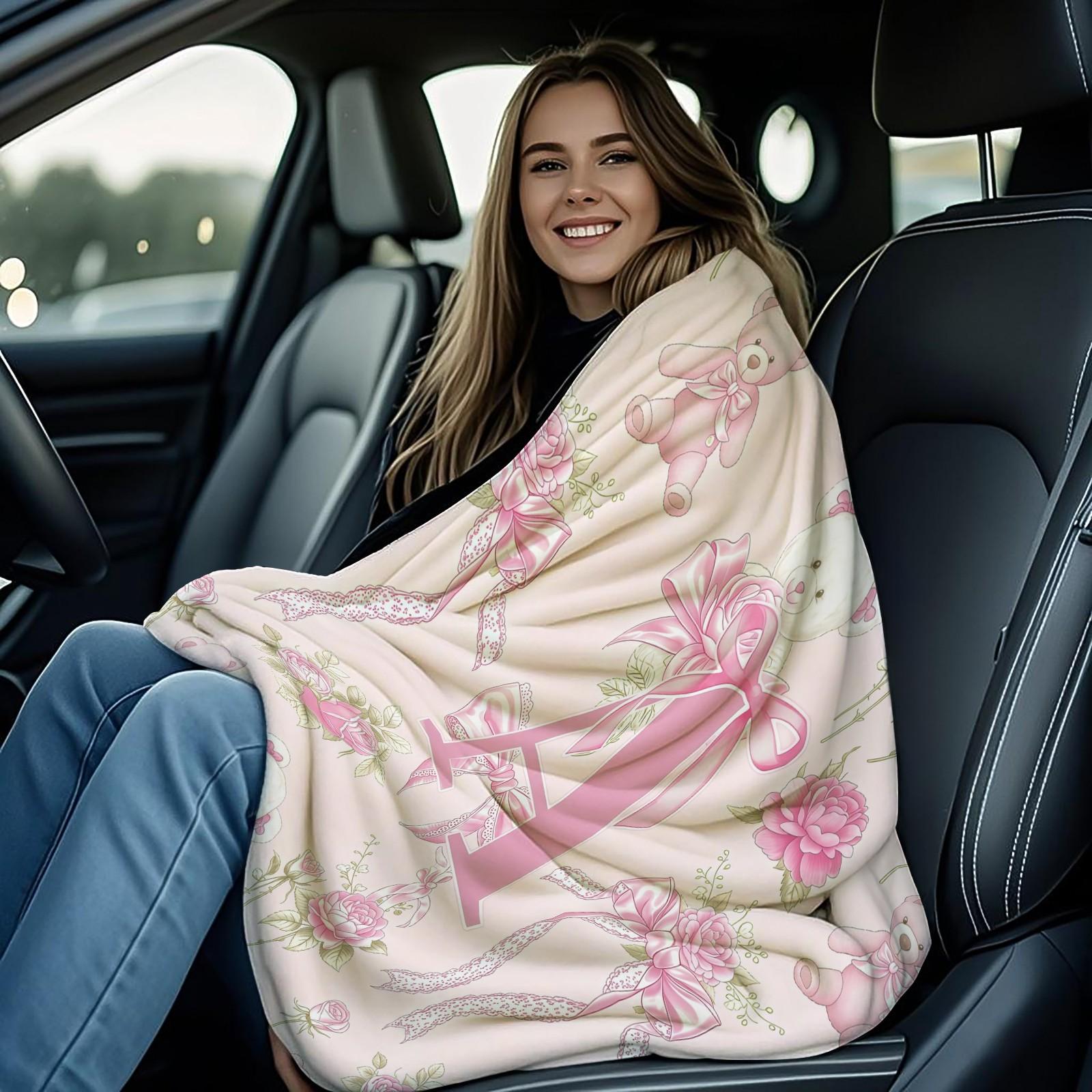 Pink Coquette Initial Letter Throw Blanket, Soft Fuzzy Plush, Teddy Bear & Rose Floral, Girly Bow Print, Lightweight for Couch Bed Office, All Seasons, Aesthetic Room Decor, Perfect Gift