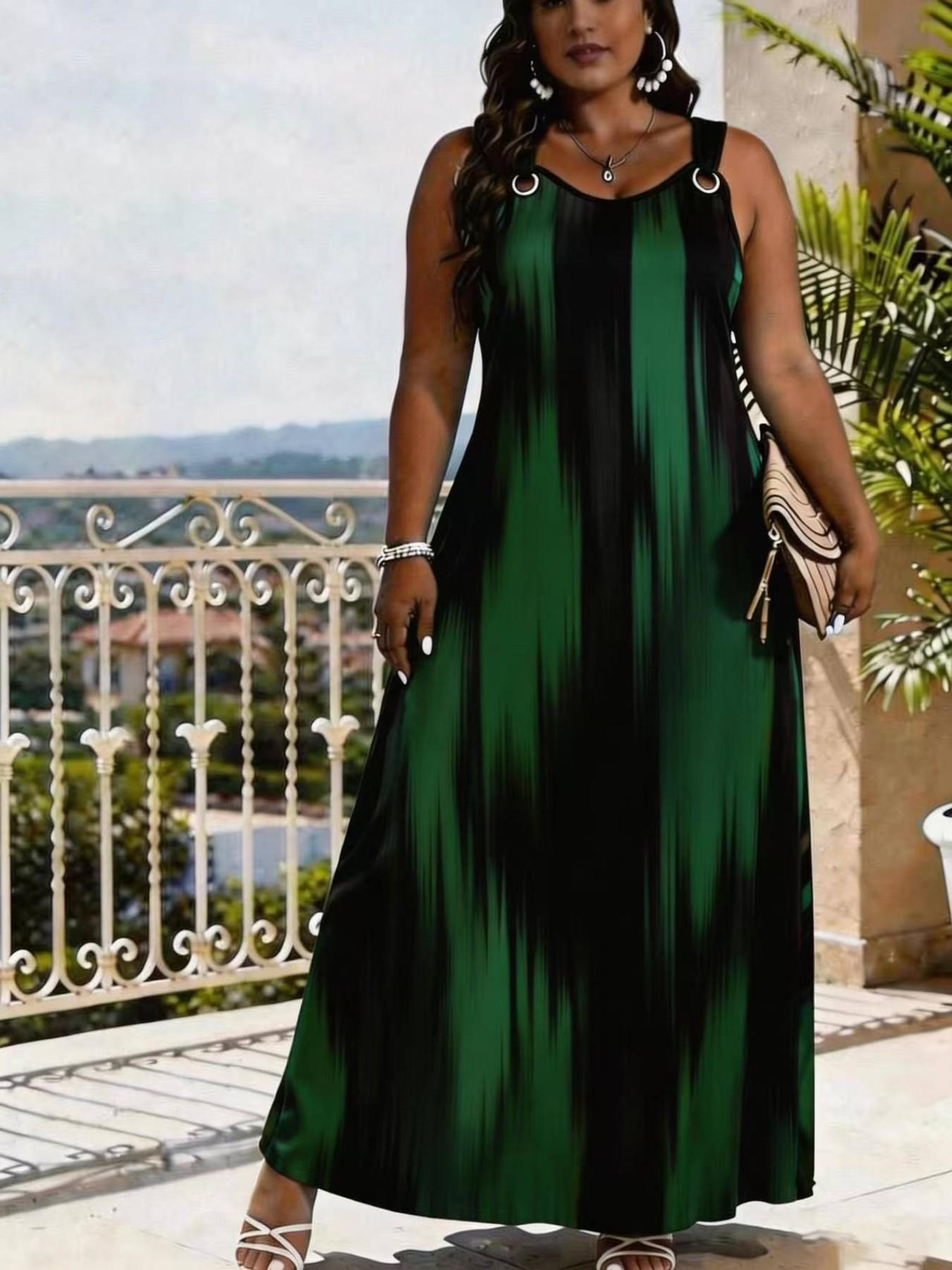 Elegant V-Neck Sleeveless Summer Maxi Dress for Women, Fashion Casual Wear, Striped Print Long Dress, Wide Strap & O-Ring Design, Perfect for Beach, Party and Daily Wear